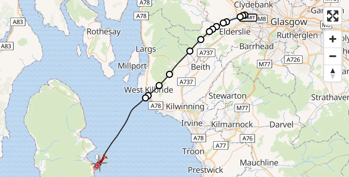 Flight path map showing Air Ambulance Helicopter route from Glasgow Airport to Inner Seas