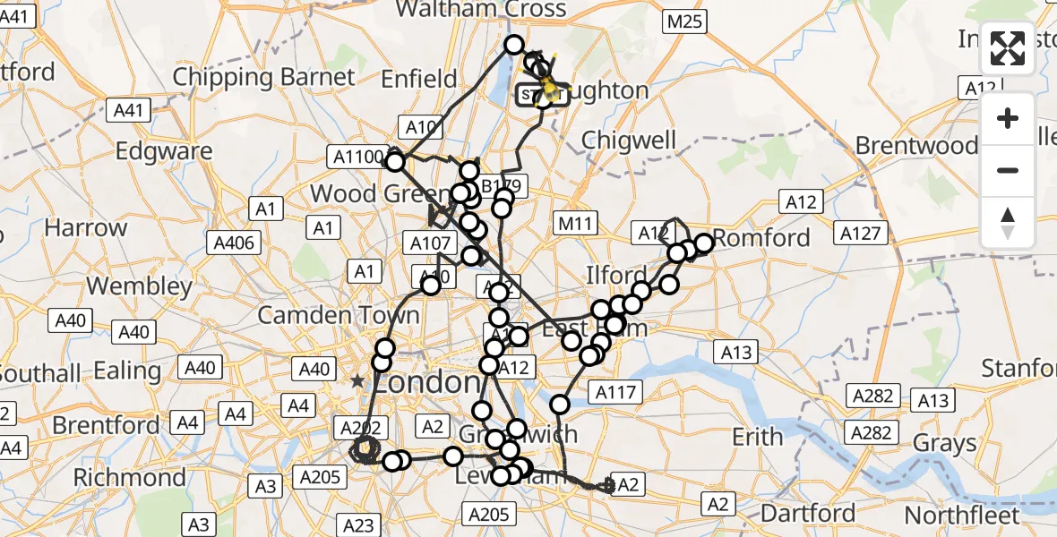 Flight route map: Police Helicopter to Sewardstonebury, Bury Road