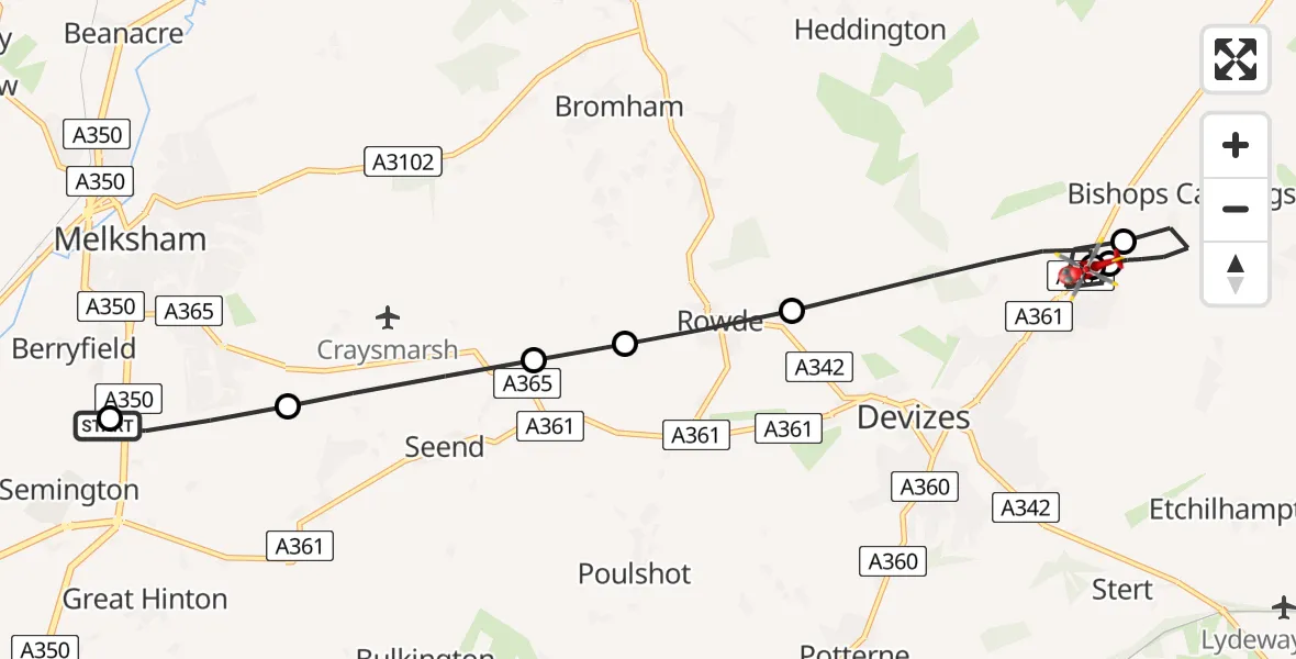 Flight route map: Air Ambulance Helicopter to Bishops Cannings, A361