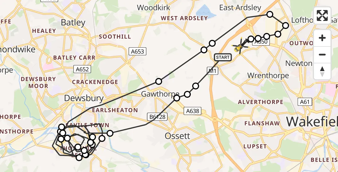 Flight route map: Police Helicopter to Wakefield, A650