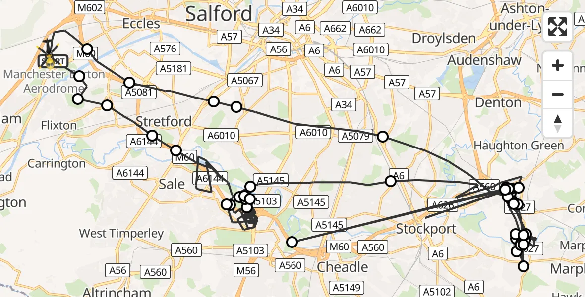 Flight route map: Police Helicopter to Worsley, Twelve Yards Road