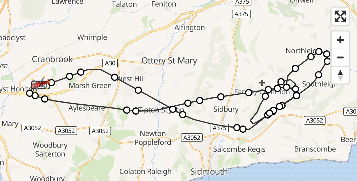 Flight path map showing Air Ambulance Helicopter route from Exeter International Airport to Exeter International Airport