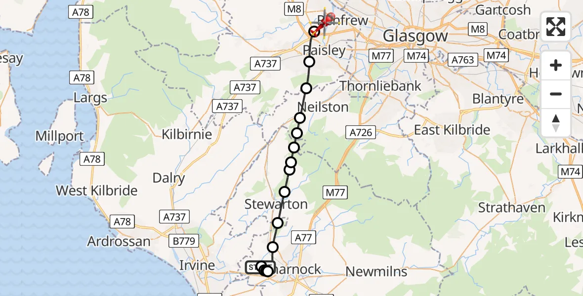 Flight route map: Air Ambulance Helicopter to Glasgow Airport, Glasgow Airport