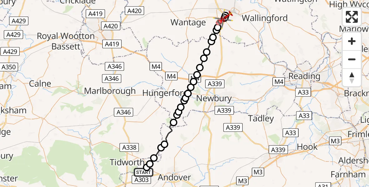 Flight route map: Air Ambulance Helicopter to Harwell, A34