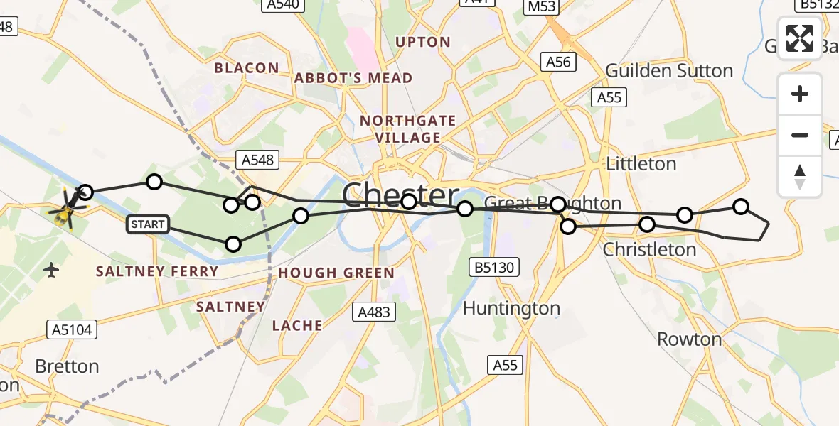 Flight route map: Police Helicopter to Saltney Ferry, B5129
