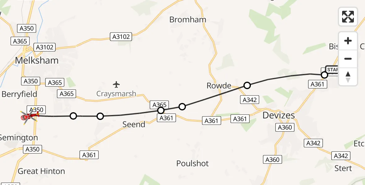 Routekaart van de vlucht: Air Ambulance Helicopter to Melksham, Commerce Way