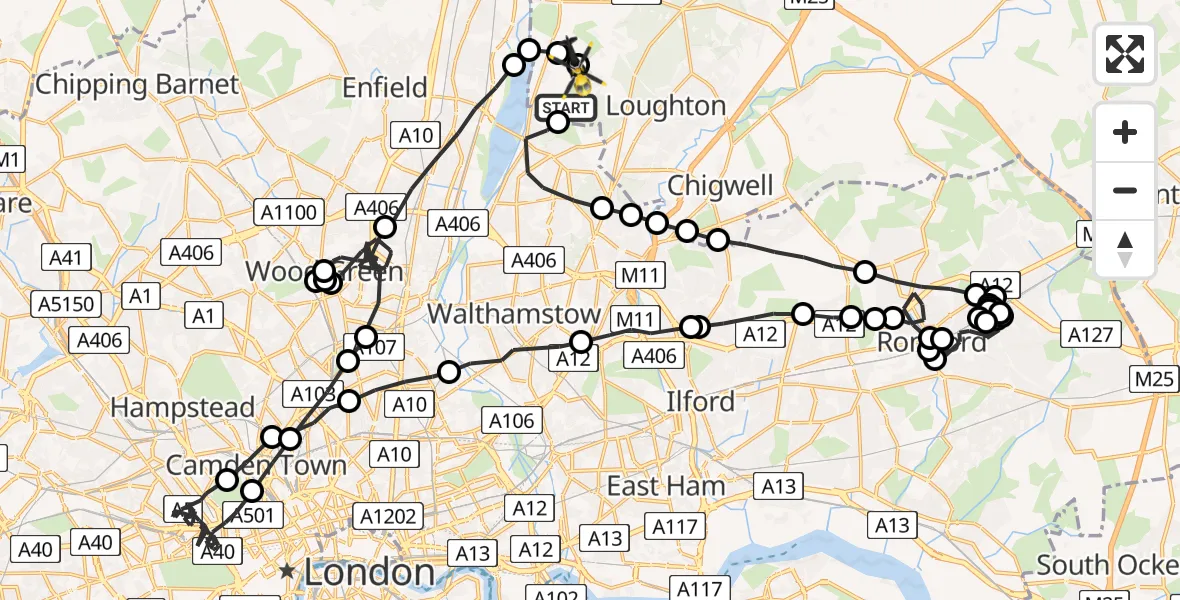 Routekaart van de vlucht: Police Helicopter to Sewardstonebury, Blind Lane