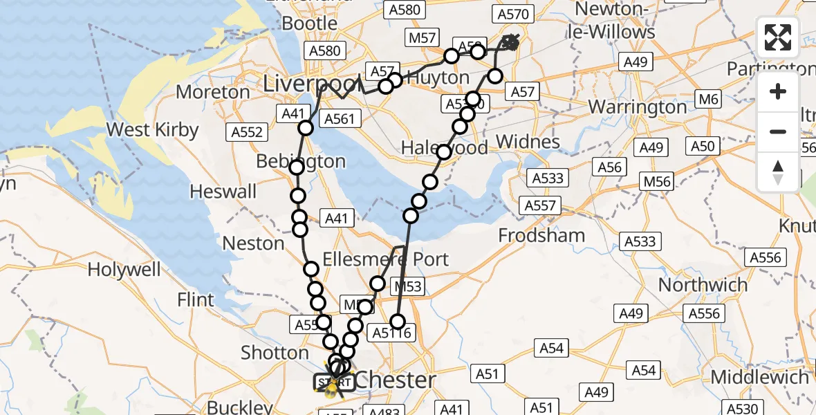 Flight route map: Police Helicopter to Saltney Ferry, B5129