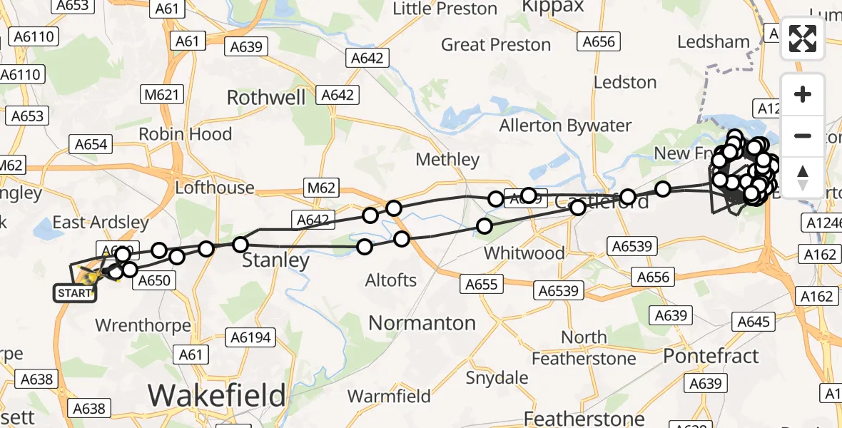 Flight path map showing Police Helicopter route from East Ardsley to Wakefield