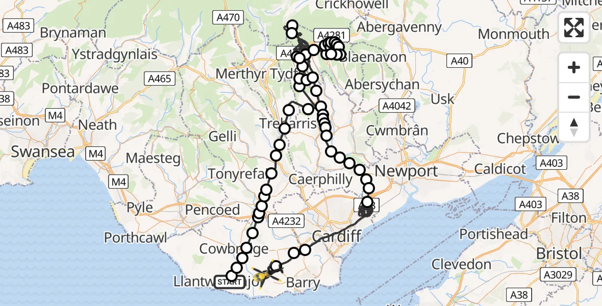 Flight route map: Police Helicopter to Llancarfan, Broad Close Lane