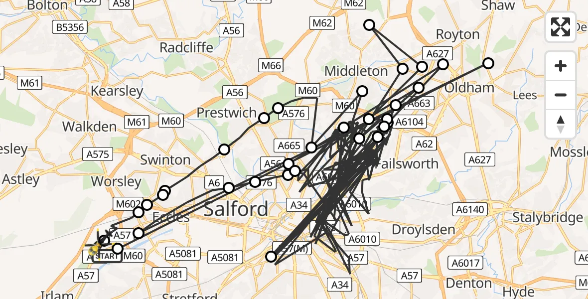 Flight path map showing Police Helicopter route from Manchester Barton Aerodrome to Manchester Barton Aerodrome