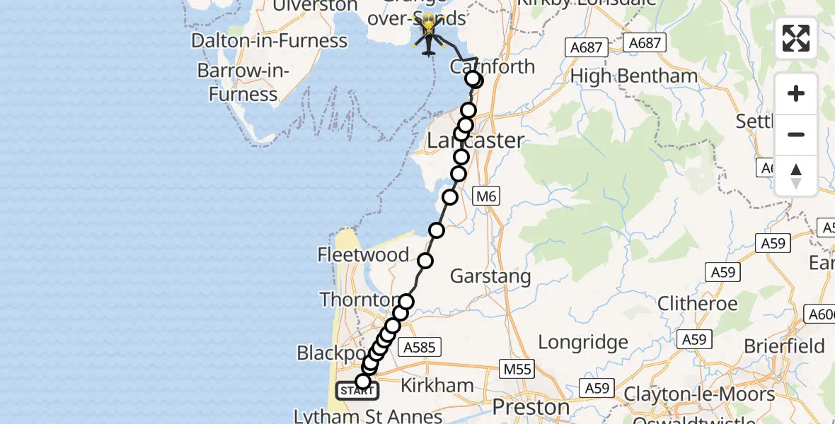 Flight route map: Police Helicopter to Lancaster, Lancaster