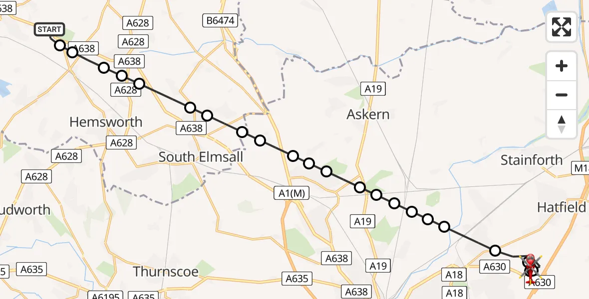 Flight route map: Air Ambulance Helicopter to Doncaster, West Moor Lane