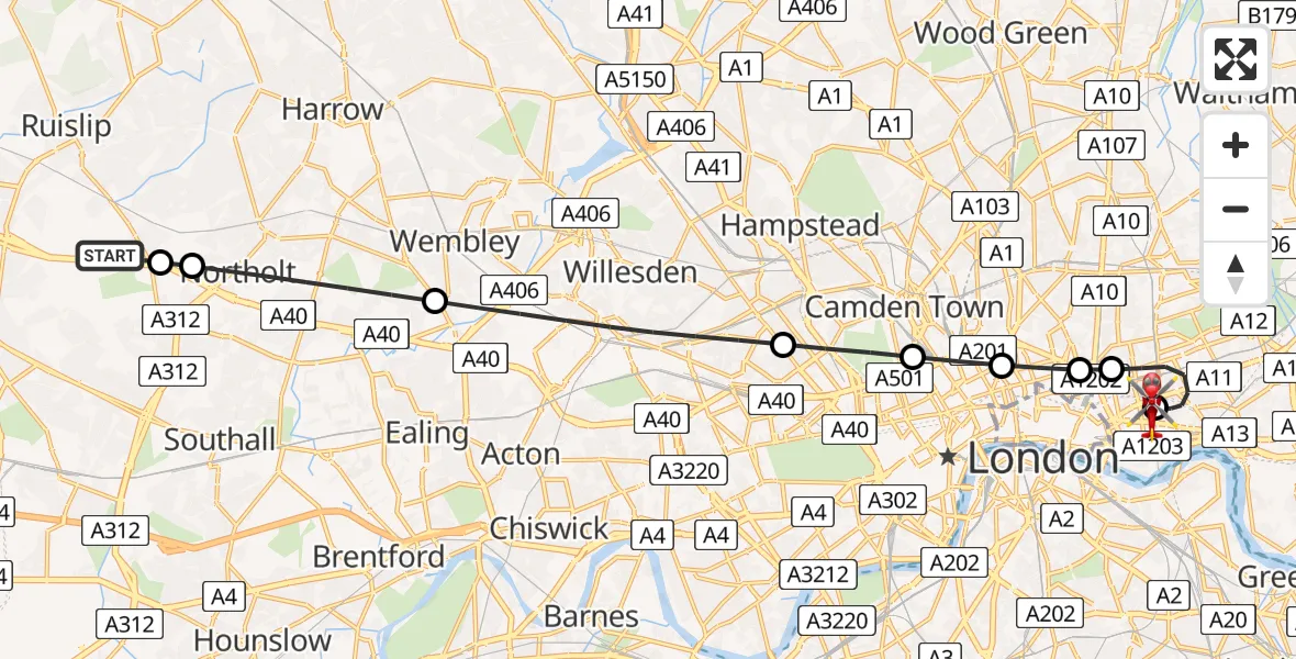 Flight route map: Air Ambulance Helicopter to Royal London Hospital, Royal London Hospital