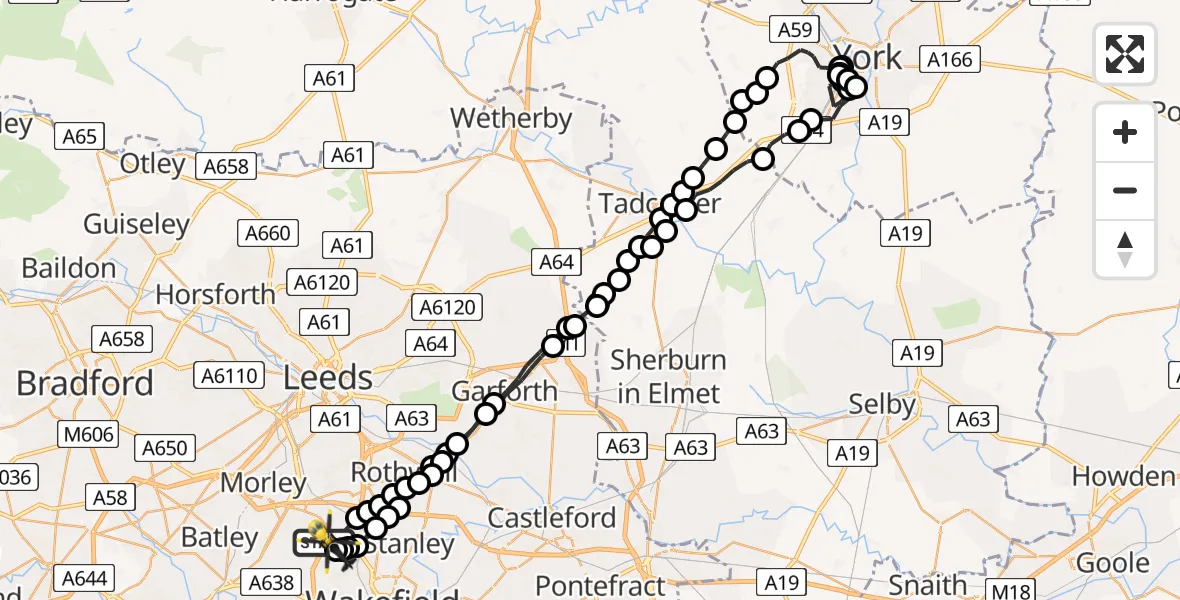 Flight path map showing Police Helicopter route from East Ardsley to Wakefield
