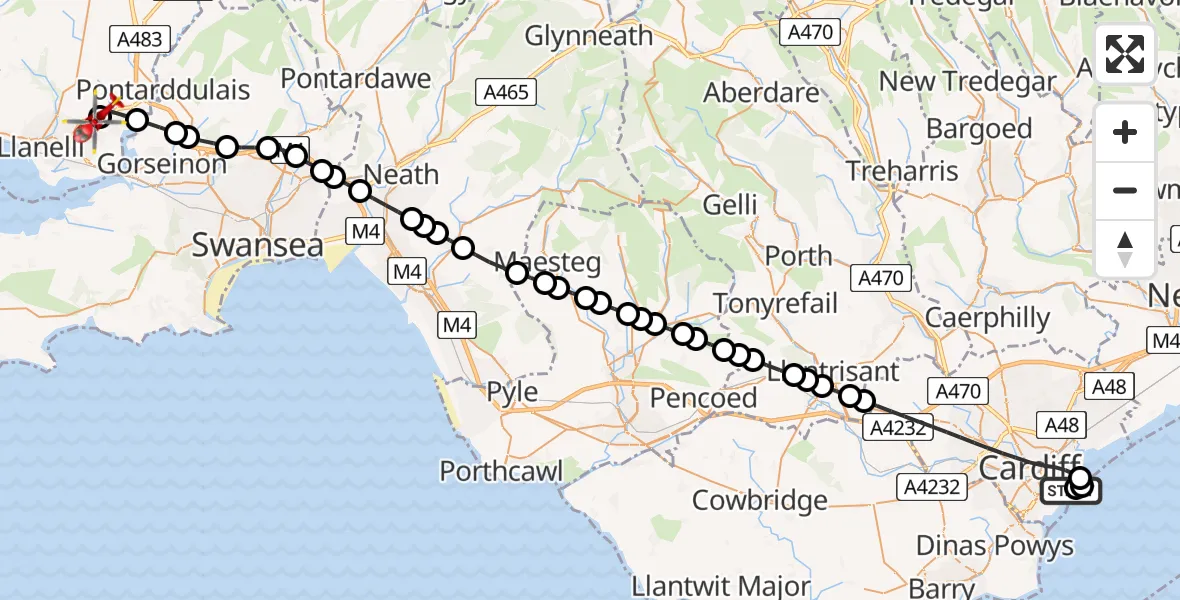 Routekaart van de vlucht: Air Ambulance Helicopter to Dafen, Llanelli Spinal Route