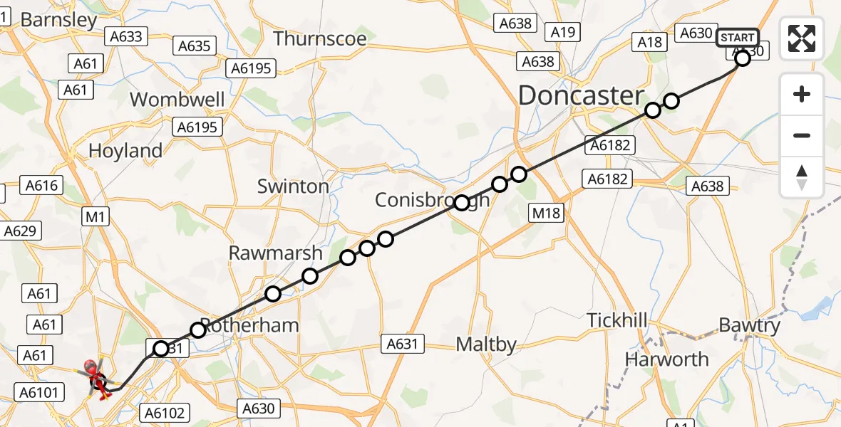 Flight route map: Air Ambulance Helicopter to Sheffield Northern Hospital, Sheffield Northern Hospital