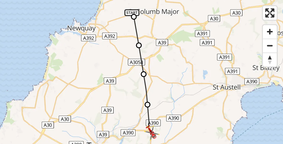 Flight route map: Air Ambulance Helicopter to Probus, A3078