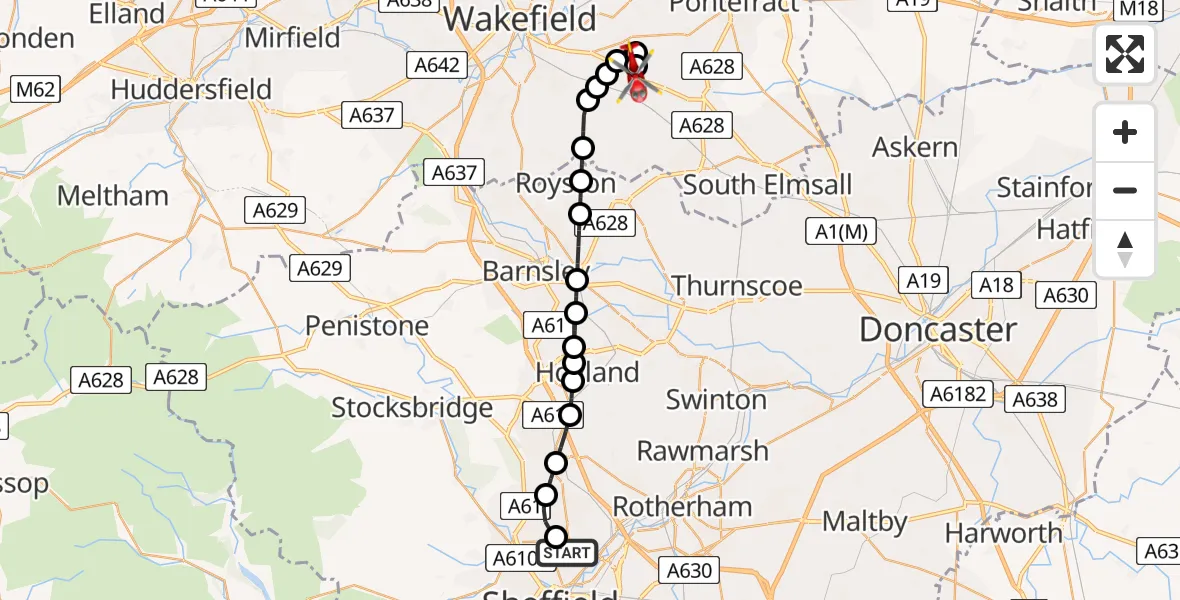 Flight route map: Air Ambulance Helicopter to YAA Nostell Helicopter Port, YAA Nostell Helicopter Port