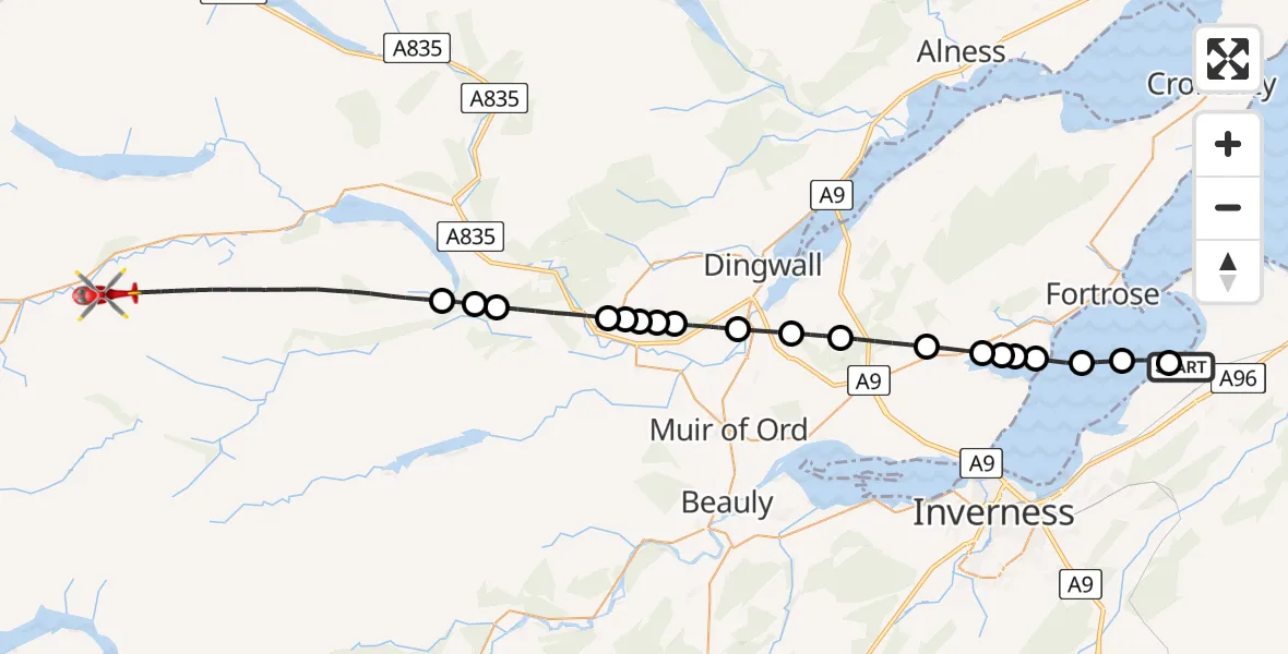 Flight route map: Air Ambulance Helicopter to Scatwell, Old Military Road