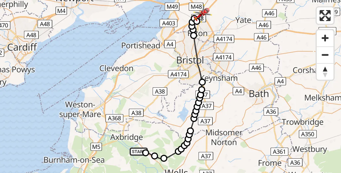 Routekaart van de vlucht: Air Ambulance Helicopter to Almondsbury Helicopter Base, Almondsbury Helicopter Base