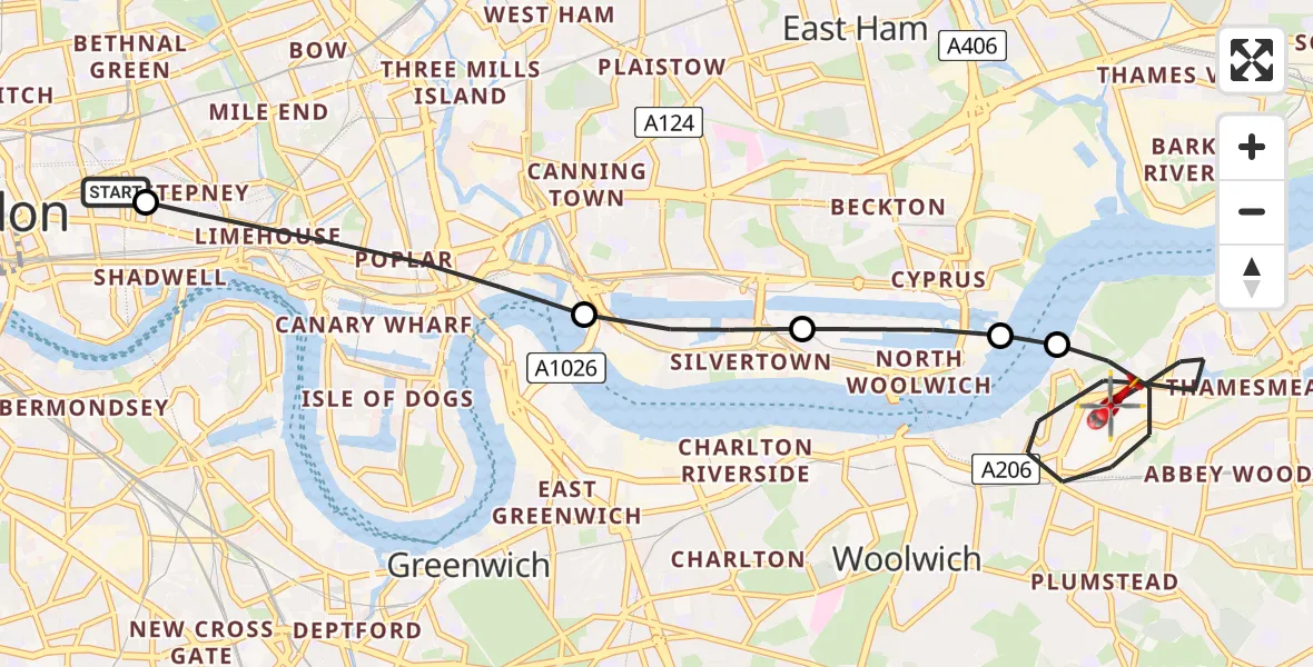 Flight route map: Air Ambulance Helicopter to Royal Borough of Greenwich, Western Way