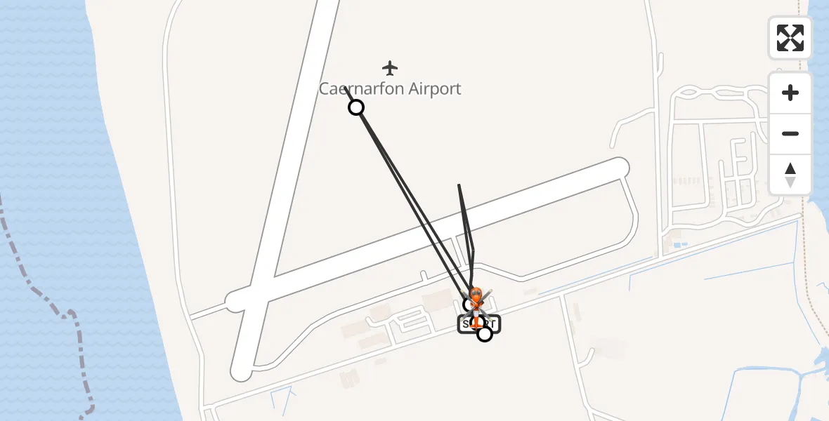 Flight path map showing Coastguard Helicopter route from Caernarfon Airport to Caernarfon Airport