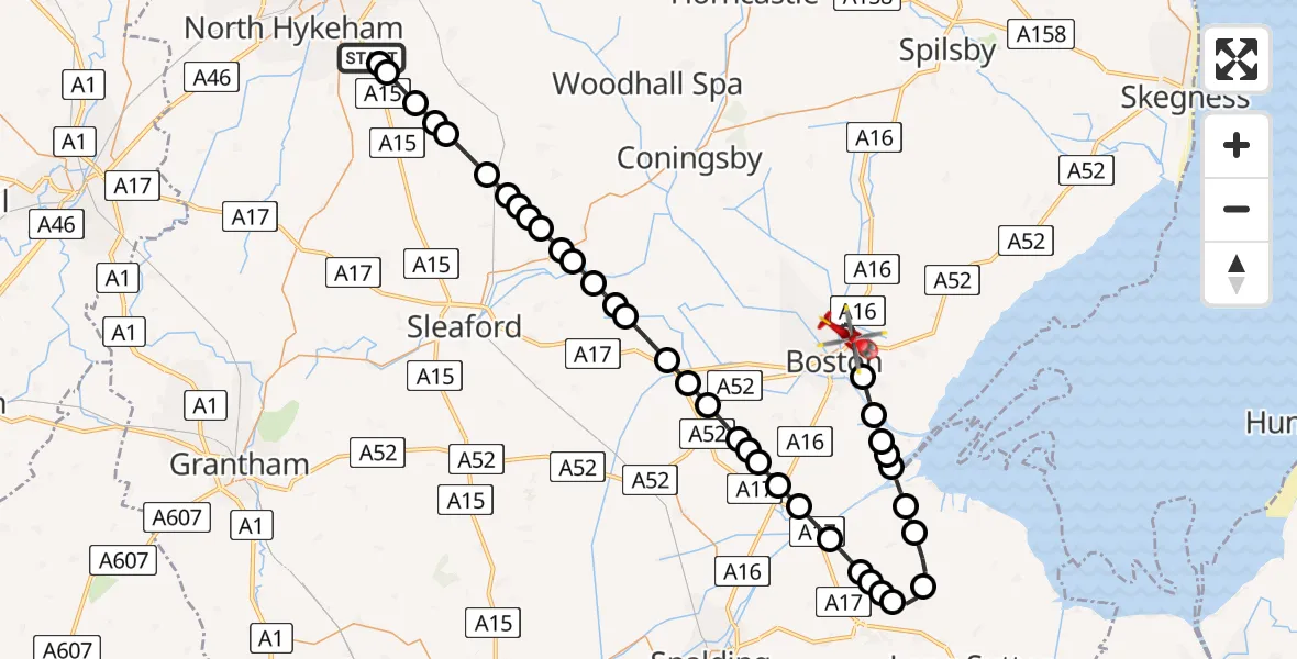 Flight route map: Air Ambulance Helicopter to Boston, Sibsey Road