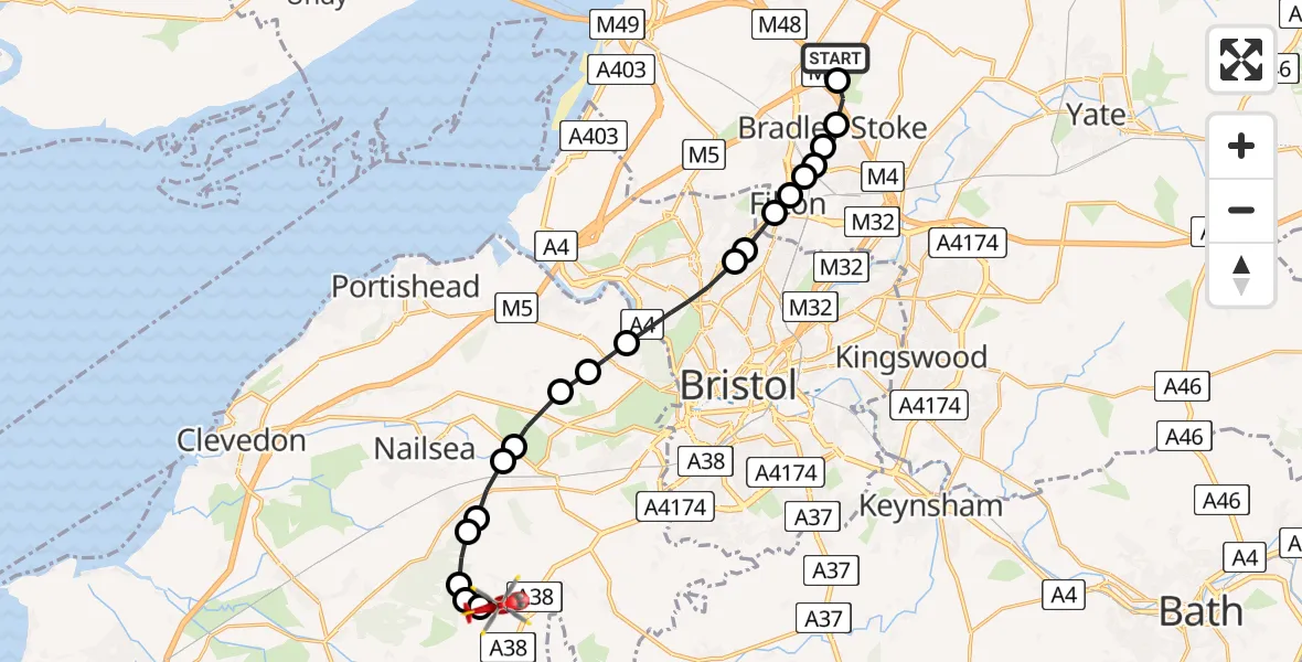 Flight route map: Air Ambulance Helicopter to Bristol Airport, Bristol Airport