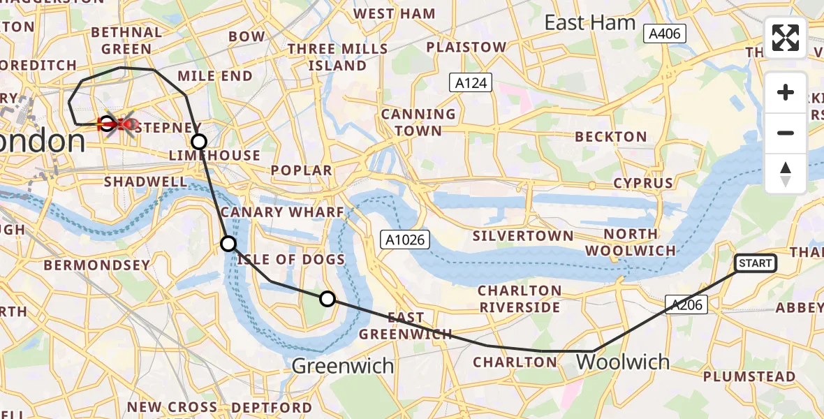 Flight route map: Air Ambulance Helicopter to Royal London Hospital, Royal London Hospital
