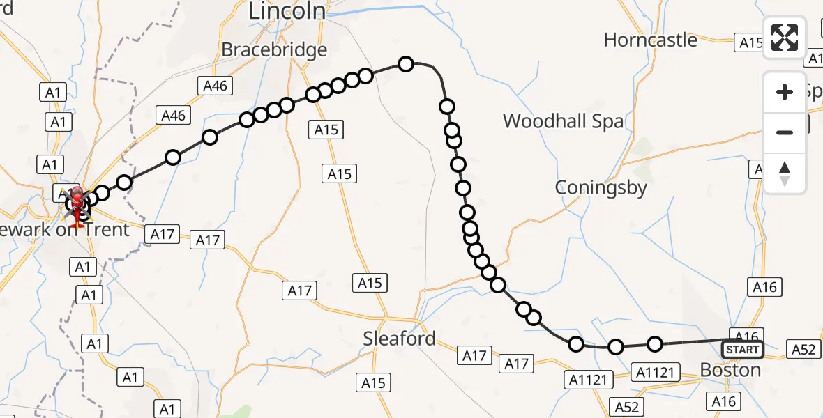 Flight route map: Air Ambulance Helicopter to Newark on Trent, James Watt Road