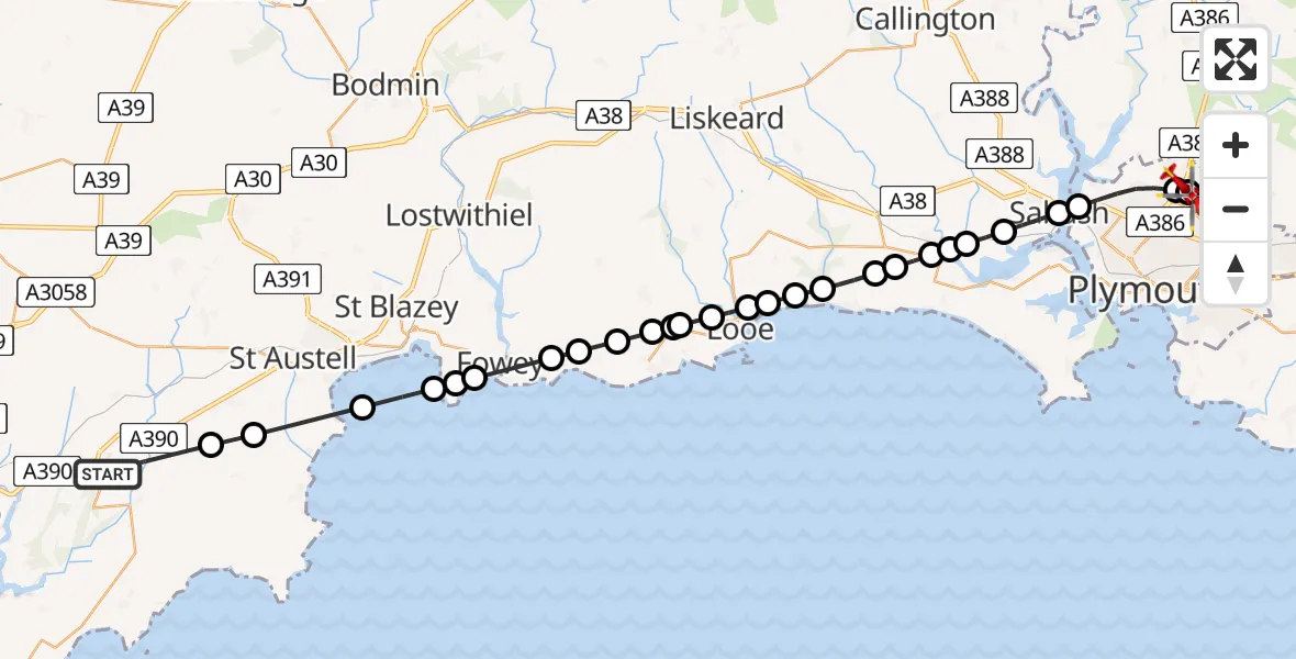 Routekaart van de vlucht: Air Ambulance Helicopter to Plymouth, Miller Way