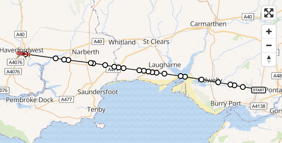 Routekaart van de vlucht: Air Ambulance Helicopter to Merlin's Bridge, Clay Lane