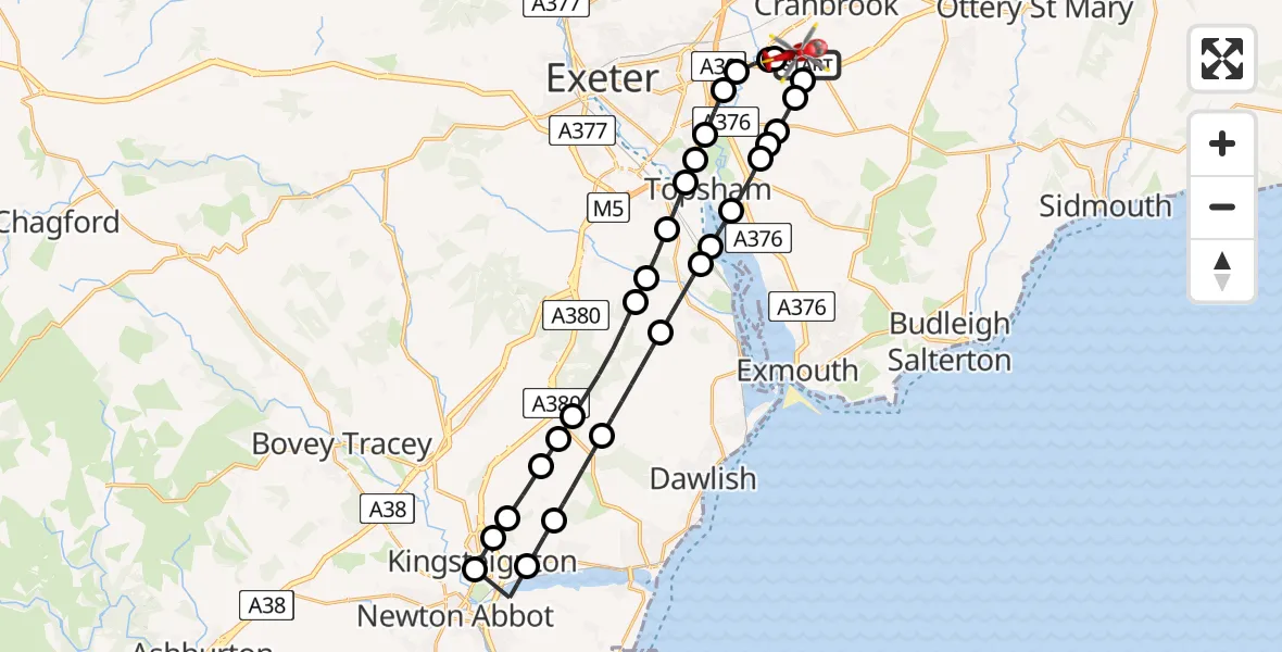 Flight path map showing Air Ambulance Helicopter route from Exeter International Airport to Exeter International Airport
