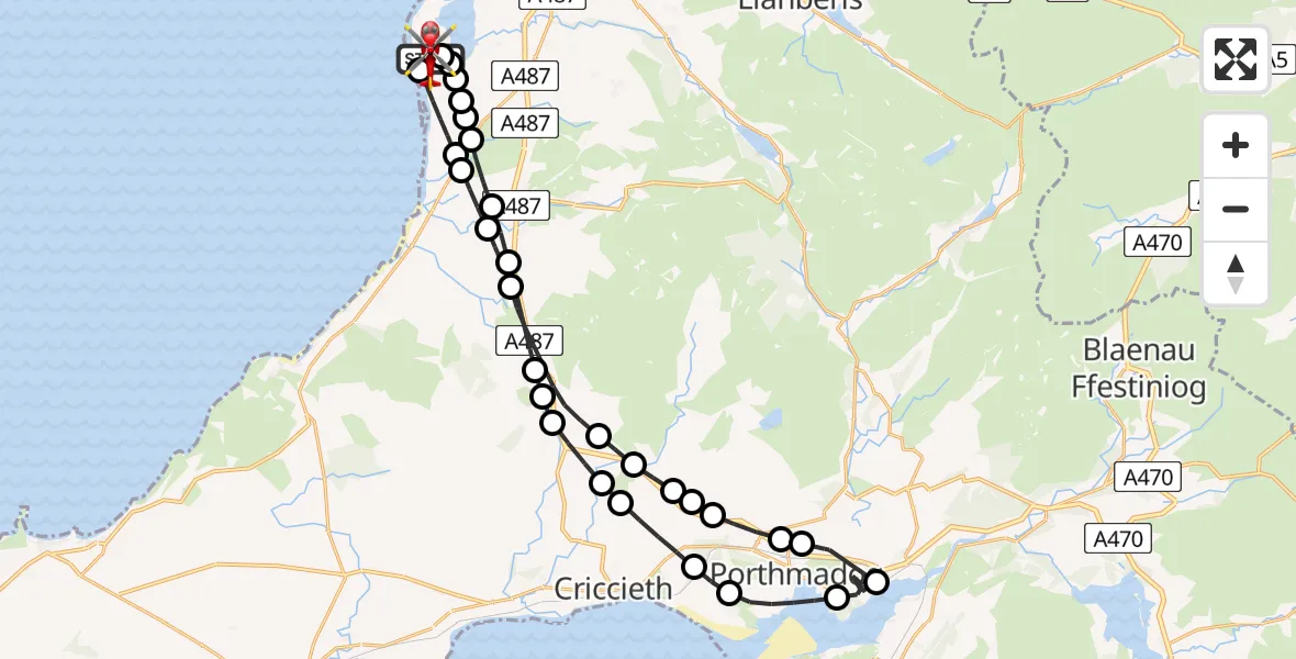 Flight path map showing Air Ambulance Helicopter route from Caernarfon Airport to Caernarfon Airport