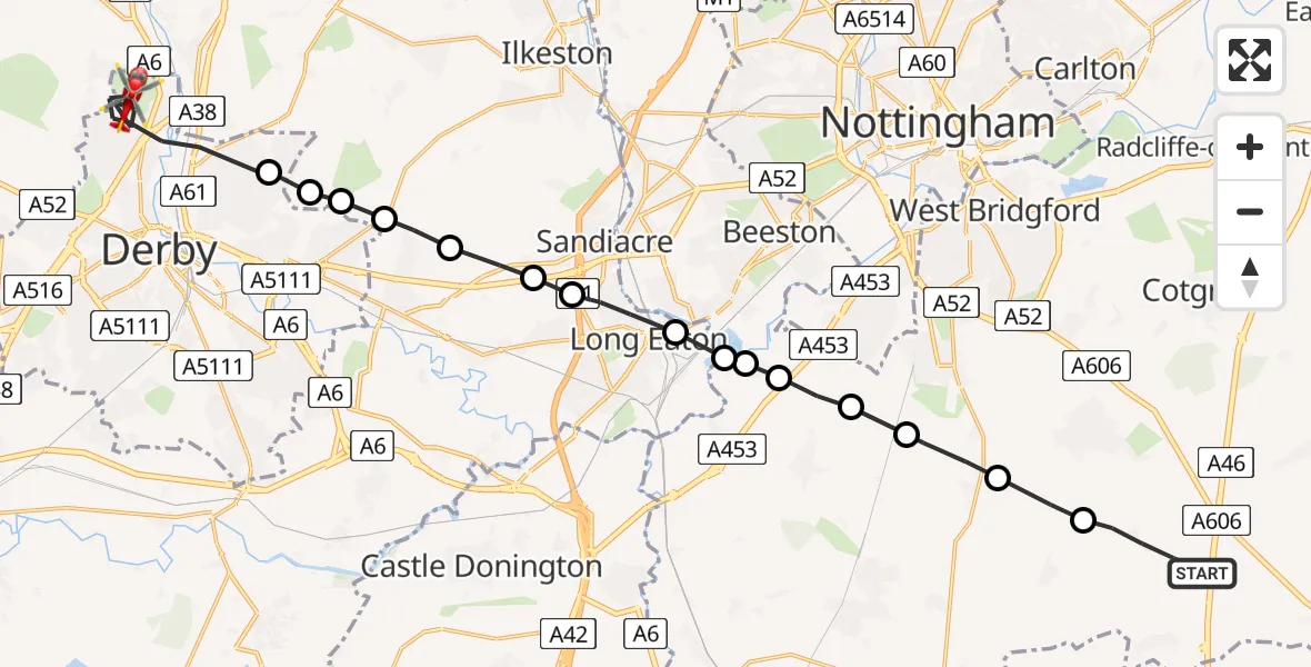 Flight route map: Air Ambulance Helicopter to Derby, West Bank Road