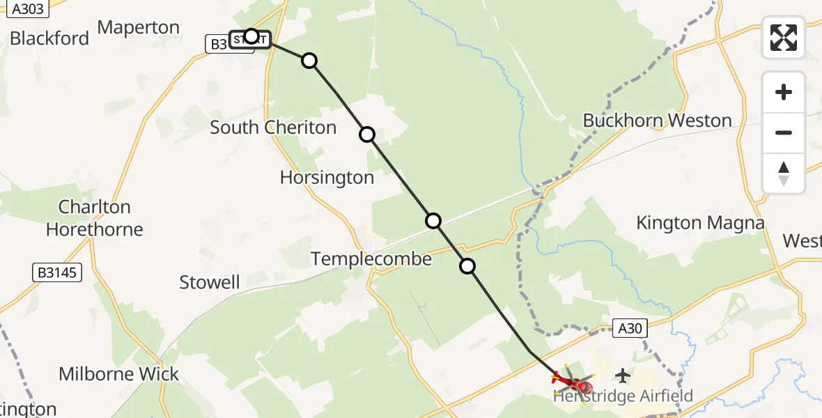 Routekaart van de vlucht: Air Ambulance Helicopter to Henstridge, Marsh Lane