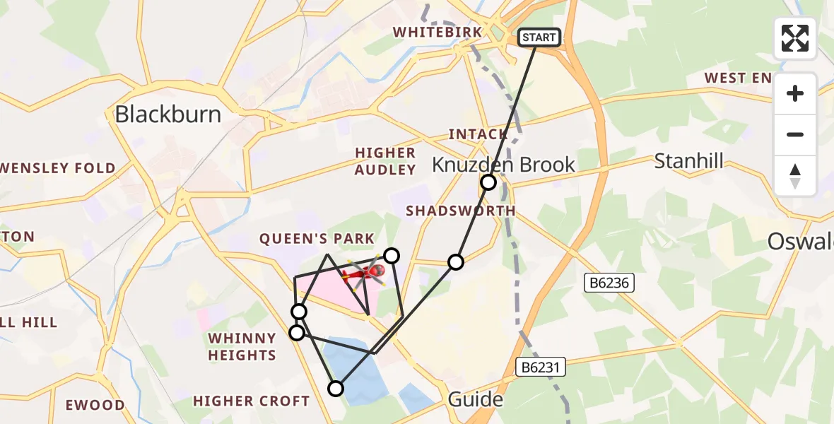 Routekaart van de vlucht: Air Ambulance Helicopter to Blackburn, Haslingden Road