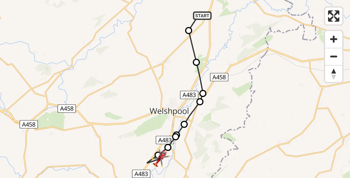 Routekaart van de vlucht: Air Ambulance Helicopter to Welshpool, Trehelig