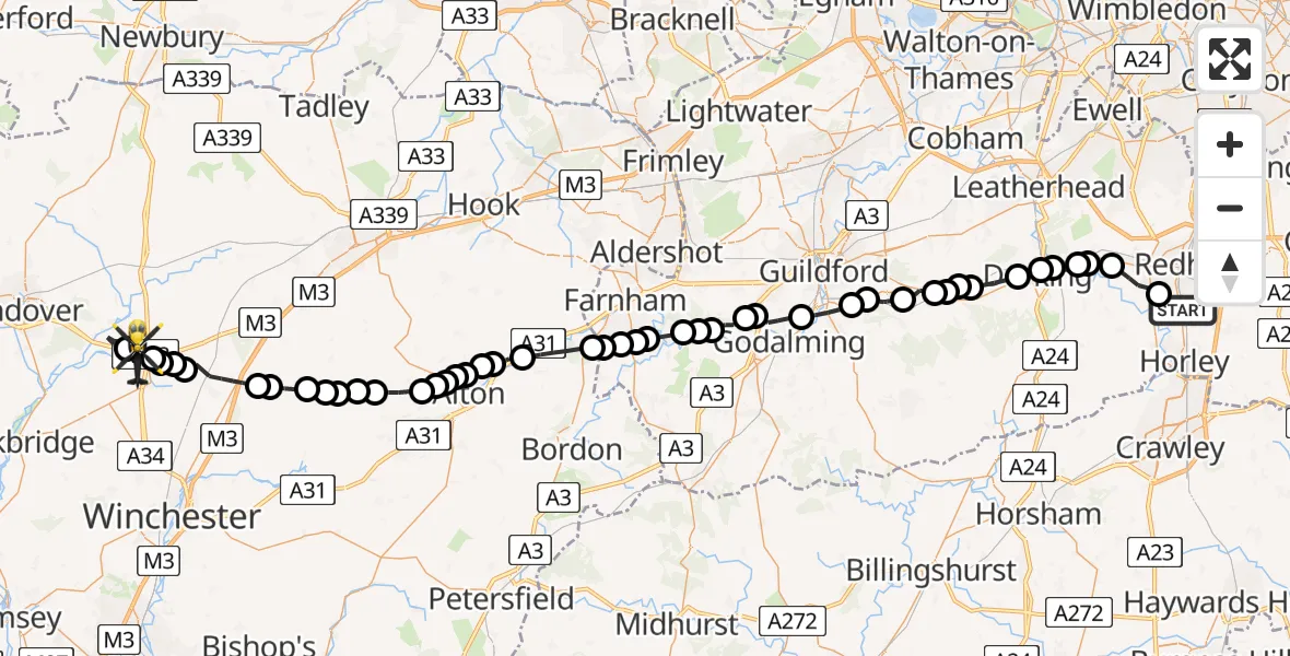 Flight route map: Police Helicopter to Test Valley, Lower Bullington