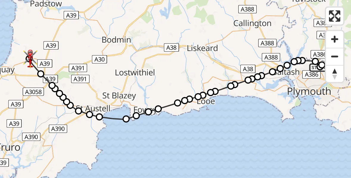 Flight route map: Air Ambulance Helicopter to Cornwall Airport Newquay, Cornwall Airport Newquay