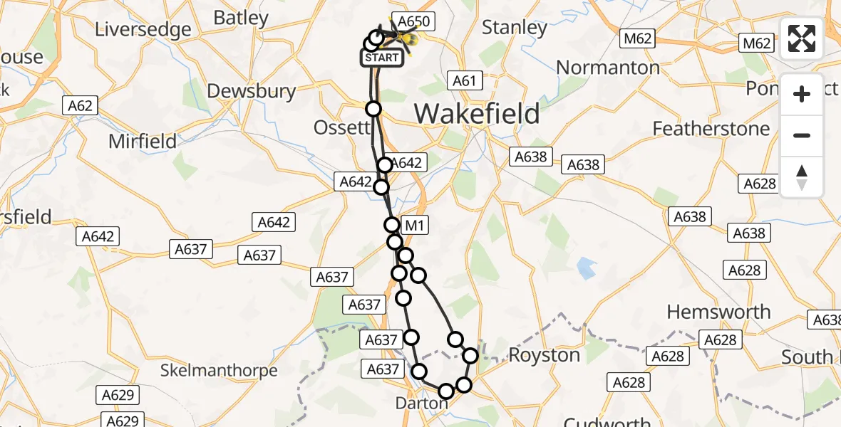 Flight route map: Police Helicopter to East Ardsley, M1