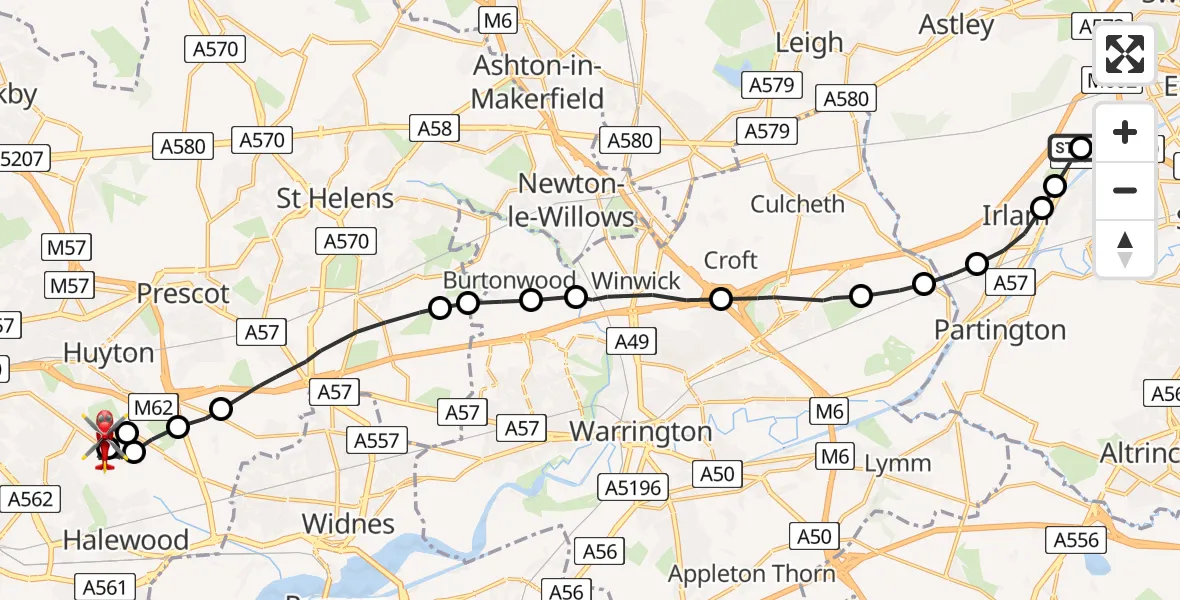 Flight route map: Air Ambulance Helicopter to Liverpool, Middlemass Hey