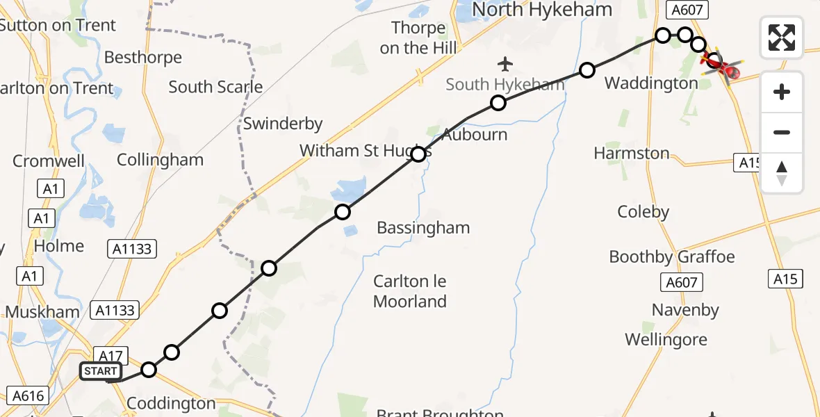 Flight route map: Air Ambulance Helicopter to North Kesteven, Sleaford Road