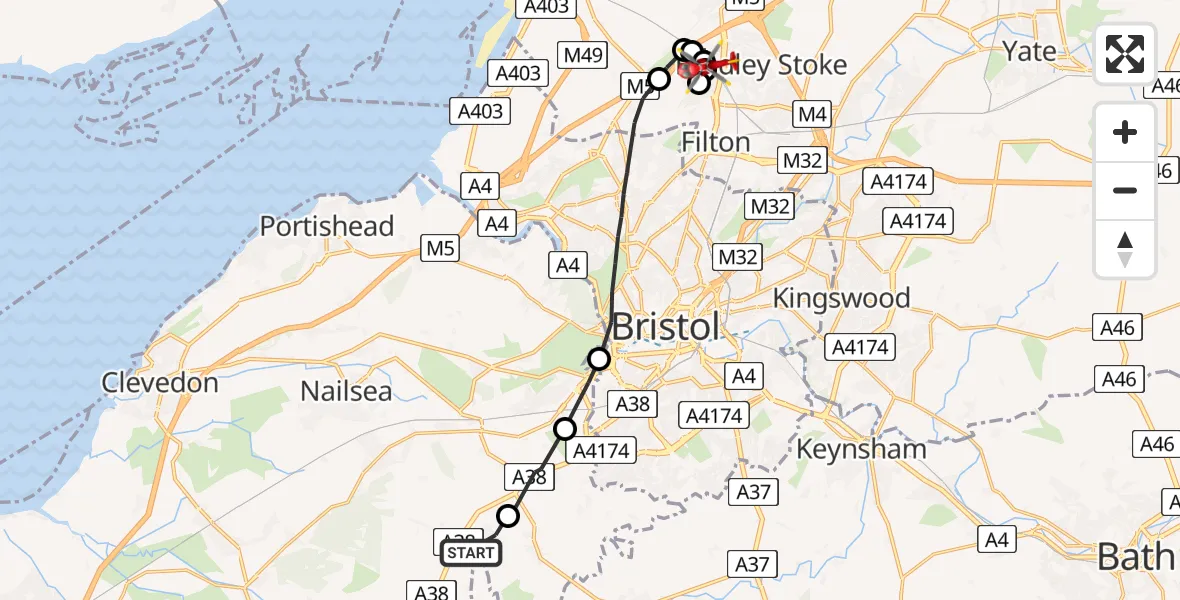 Flight route map: Air Ambulance Helicopter to Patchway, Coniston Road