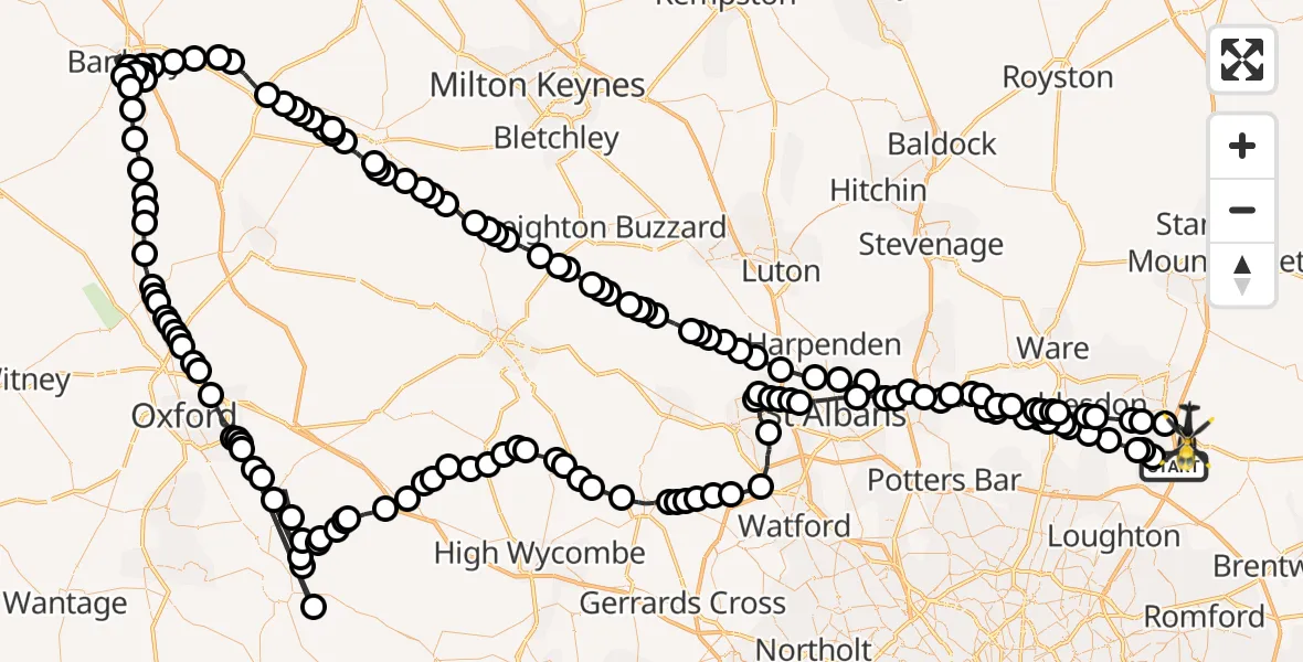 Flight route map: Police Helicopter to North Weald Bassett, Canes Lane