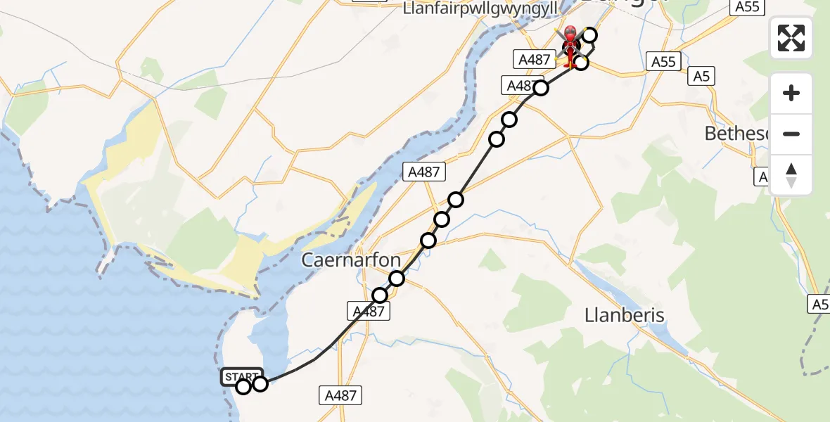 Routekaart van de vlucht: Air Ambulance Helicopter to Ysbyty Gwynedd Hospital Heliport, Ysbyty Gwynedd Hospital Heliport