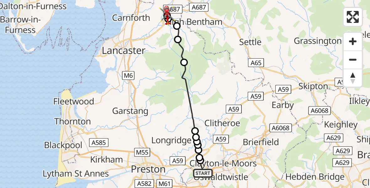 Routekaart van de vlucht: Air Ambulance Helicopter to Melling, A683