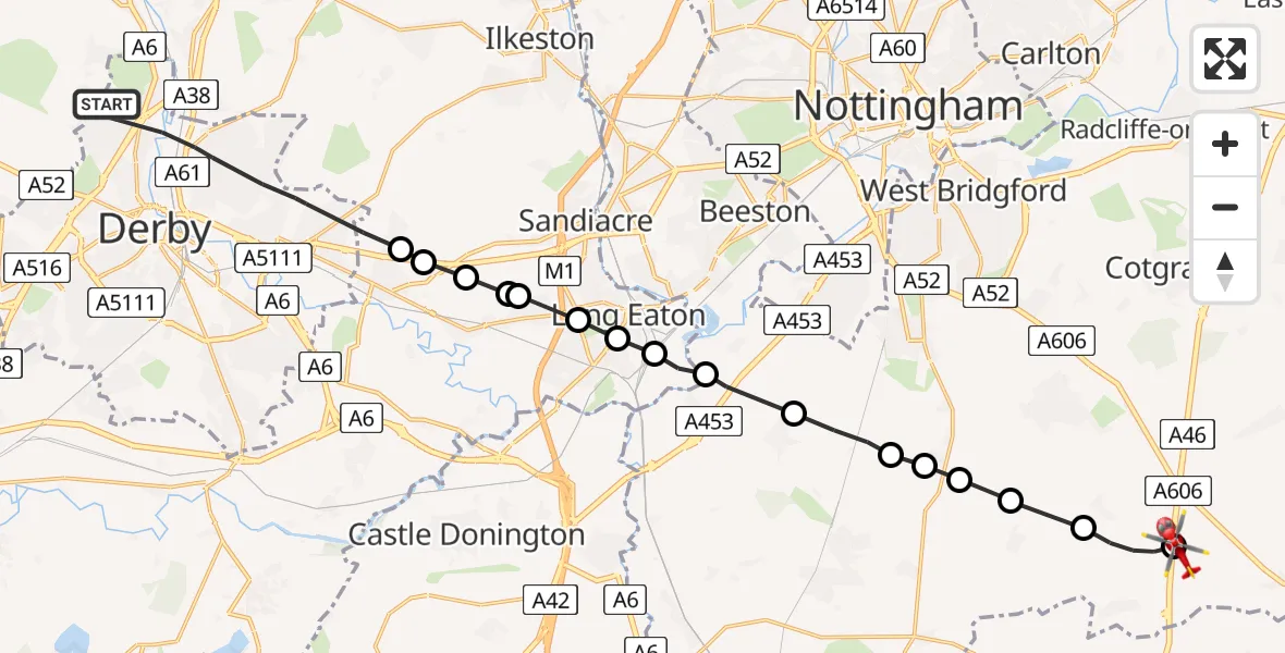 Flight route map: Air Ambulance Helicopter to Nottingham Heliport, Nottingham Heliport