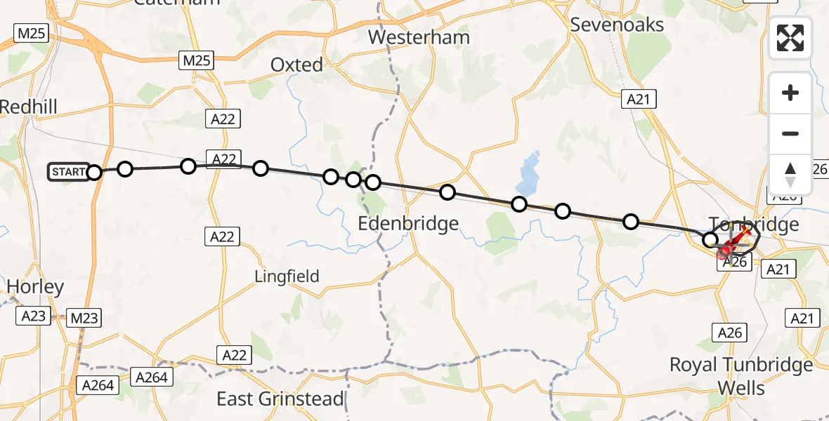 Flight route map: Air Ambulance Helicopter to Tonbridge, Brook Street